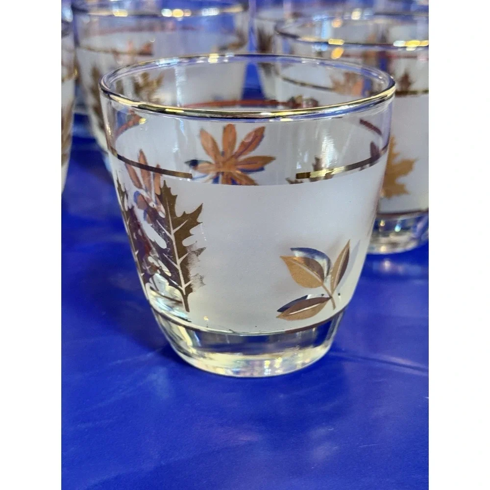 Set of 8 Libbey Golden Foliage Lowball Glasses Gold Rim Frosted 3